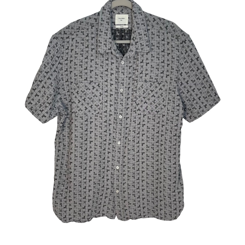 Billy Reid Men's Gray Geometric Print Short Sleeve Button Down Shirt Size XXL